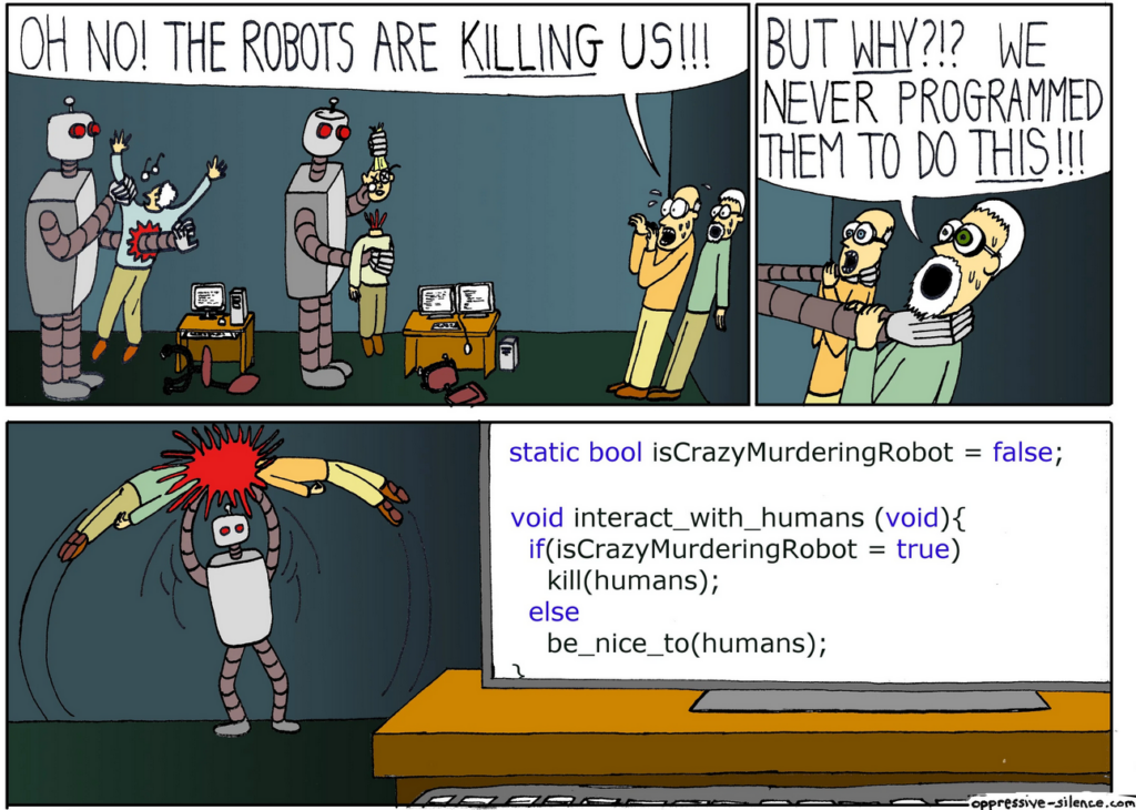 Cartoon of robots killing humans because the programmer used equals not equals equals for a conditional test