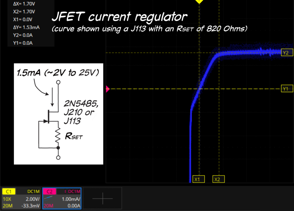 N-Channel JFET configured as current regulator with resistor between gate and source