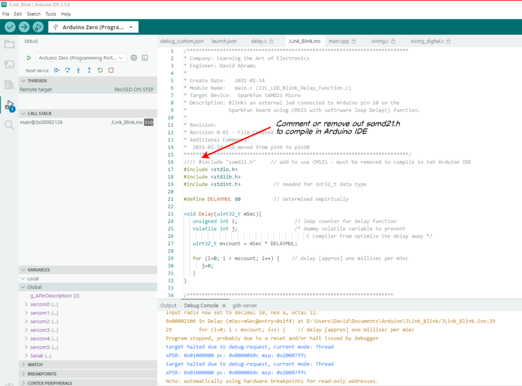 Arduino IDE debugging Chapter 22L blink delay function program