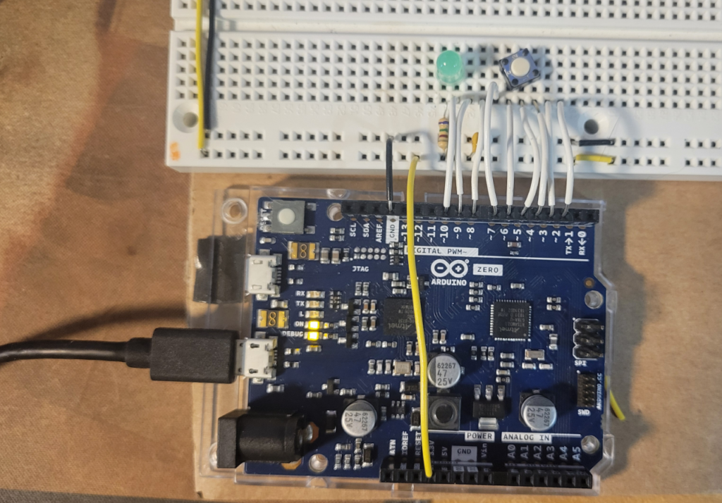 Arduino Zero running the programs of Chapter 22 and 23 by connecting it to the breadboard with AWG22 solid wires.