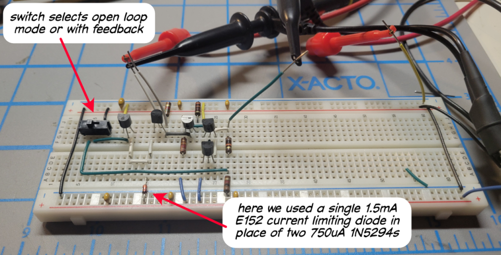 Lab 5.1 op-amp built using discrete BJTs rather than the CA3096 (annotated)