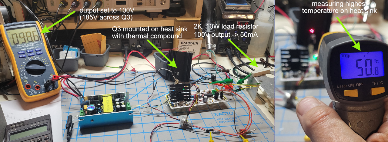 Testing the heat sink selected with a 2K, 10W load resistor and an output voltage of 100 volts.