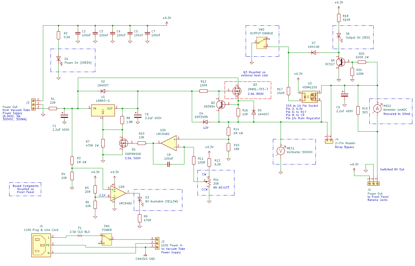 Final high-voltage power supply schematic with solid-state relay and output voltage sense circuit