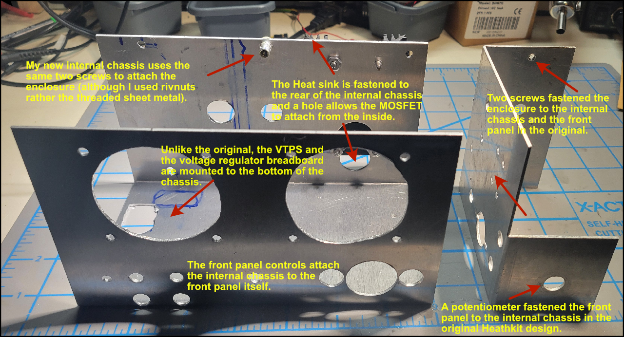 Comparison of the original Q Multiplier chassis with the new one designed for the high-voltage power supply.