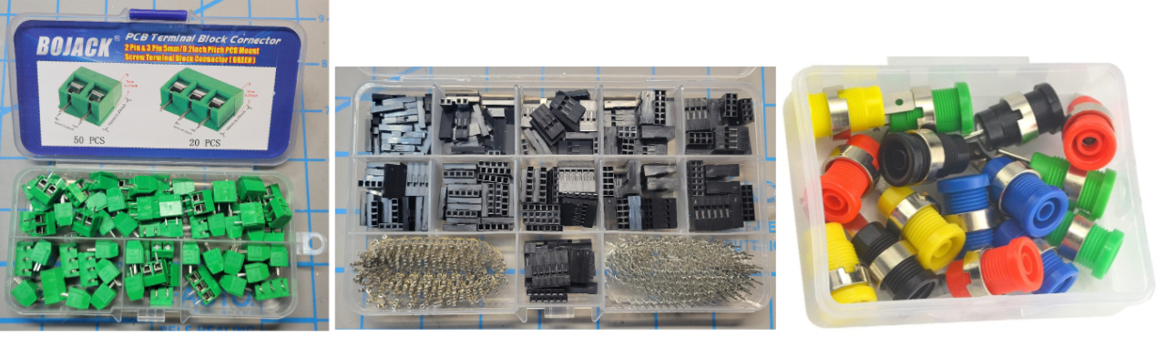 Examples of connector kits. Headers, screw terminal blocks and front panel jacks.