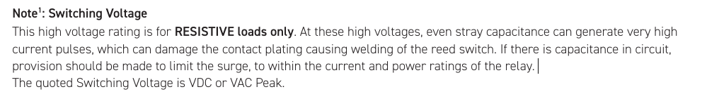 This high voltage rating is for RESISTIVE loads only. At these high voltages, even stray capacitance can generate very high current pulses, which can damage the contact plating causing welding of the reed switch. If there is capacitance in circuit, provision should be made to limit the surge, to within the current and power ratings of the relay.