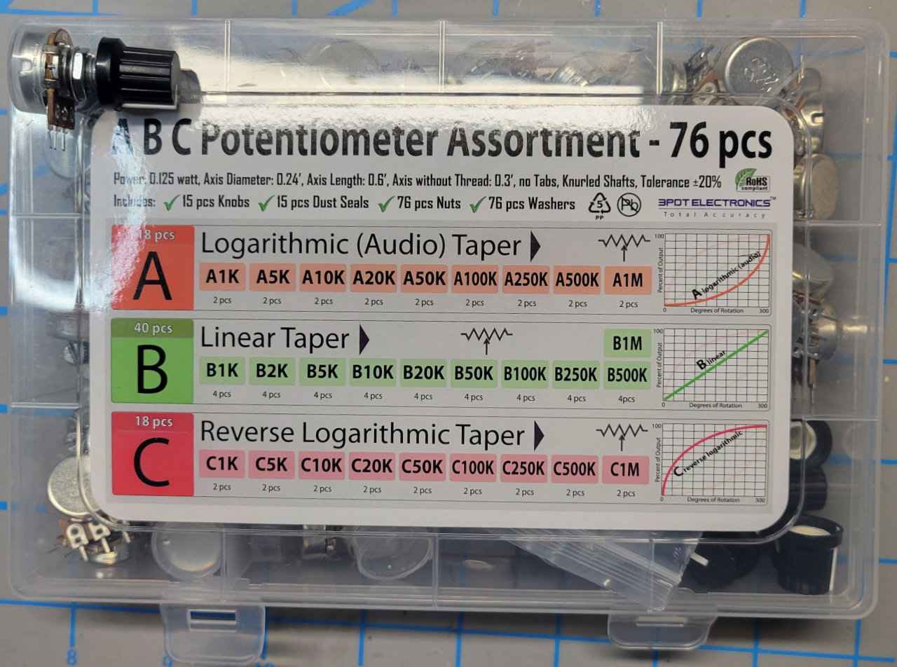 A B C, Logarithmic, Linear, Reverse Log. 1K, 2K, 5K, 10K, 20K, 50K, 100K, 250K, 500K, 1M Potentiometer Assortment