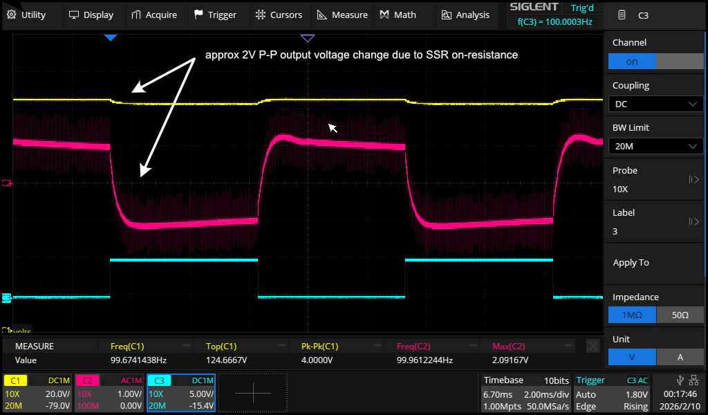 Response of high-voltage power supply using the SSR to a 20mA load change
