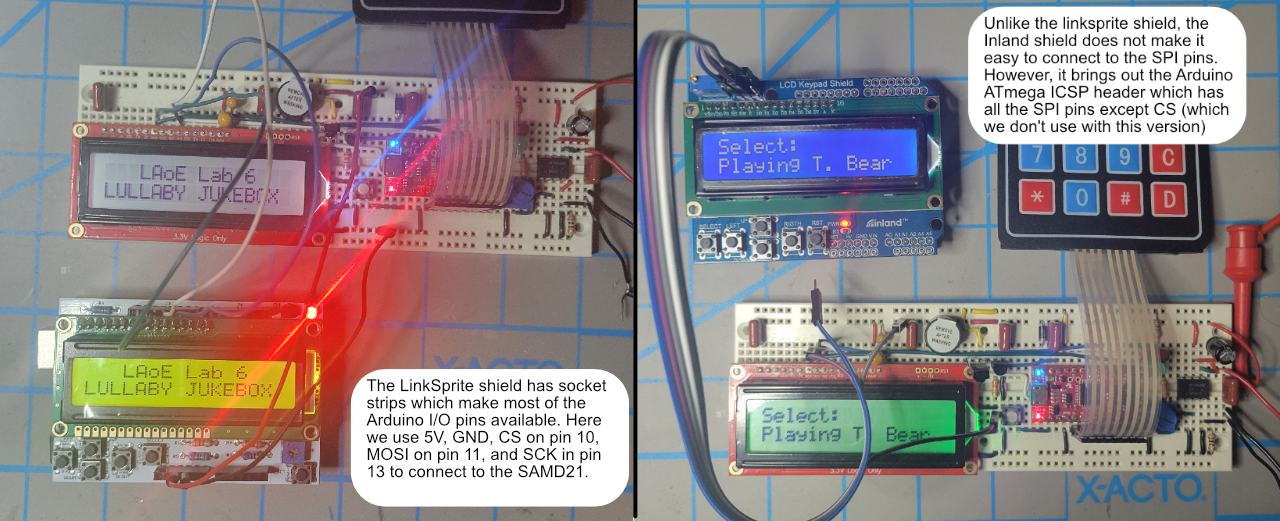 Comparison of two Arduino versions of the SparkFun SerLCD emulator, on the left the LinkSprit shield and on the right the Inland (Microcenter) shield.