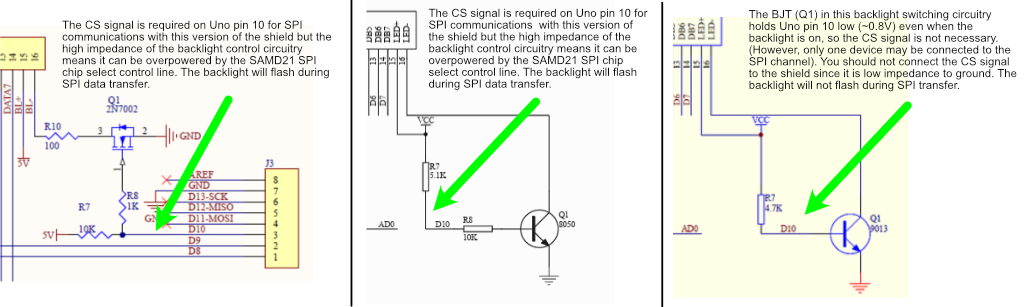 Three different backlight switching circuits on different manufacturers' LCD shields.