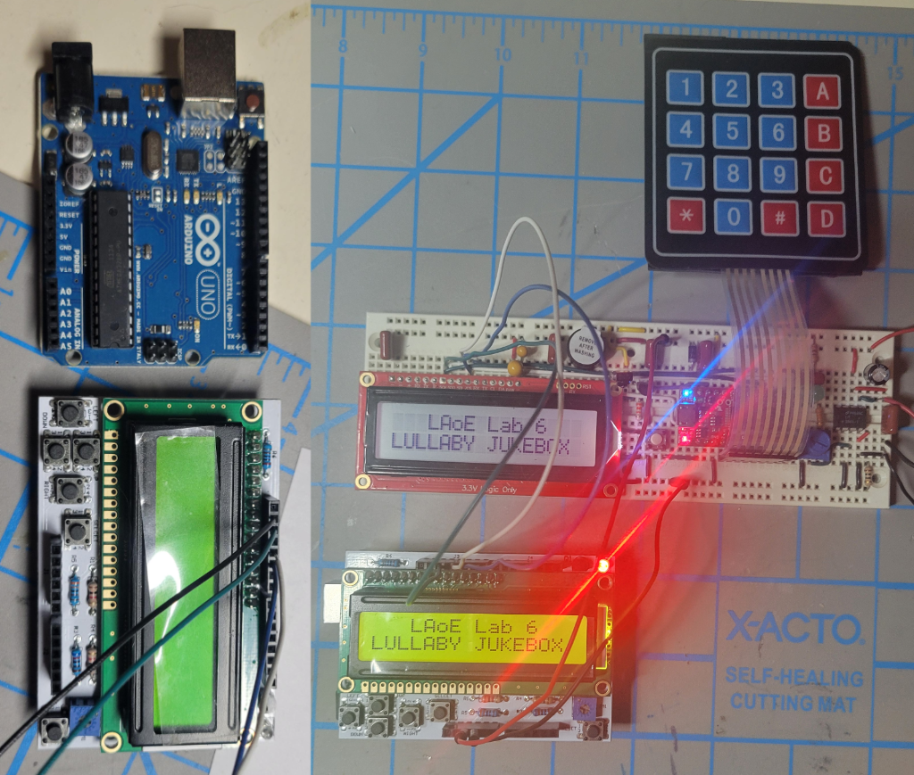 A picture of the Arduino Uno and the LCD shield separated along side an image of the Arduino display operating in parallel with the SparkFun display.