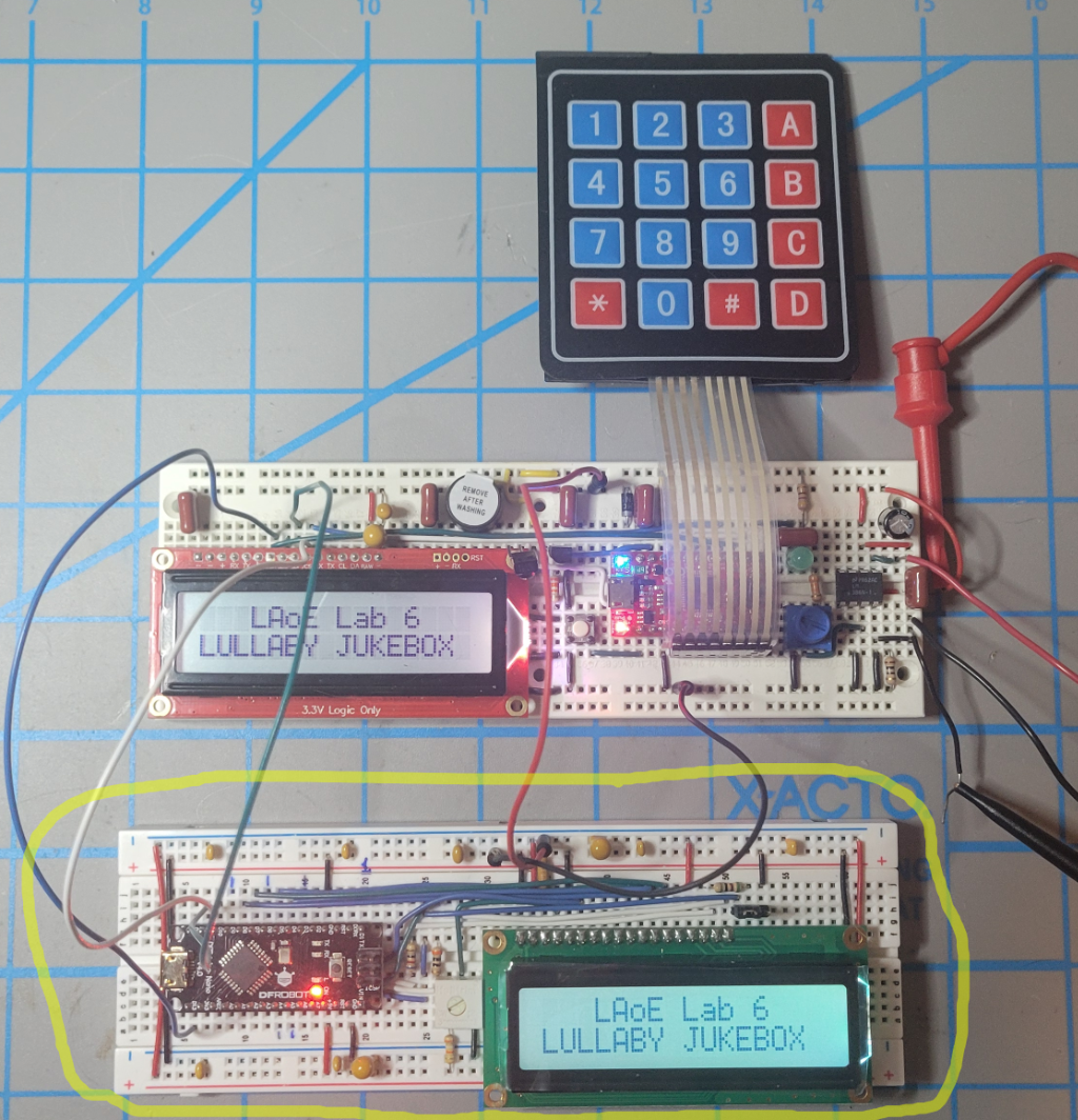 An image of the Nano version of the SerLCD emulator running in parallel with the real thing in the Lullaby Jukebox