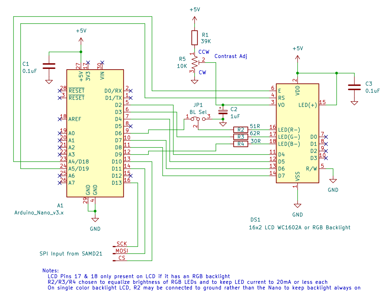 Schematic of the Arduino Nano/LCD Display version of the SerLCD Emulator